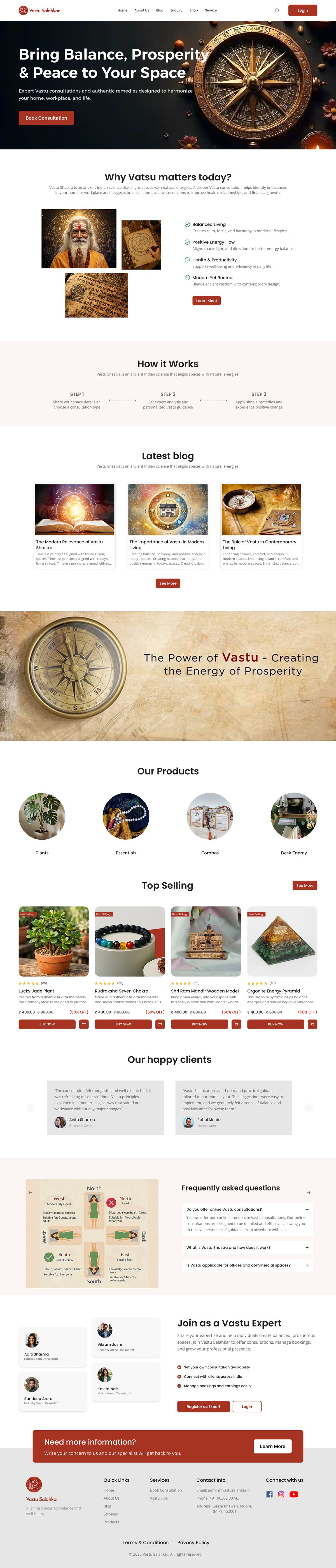 The full Vastu Salahkar landing page: hero, why Vastu matters, how it works, latest blog, products, top sellers, client reviews, FAQ and a section for Vastu experts to join.